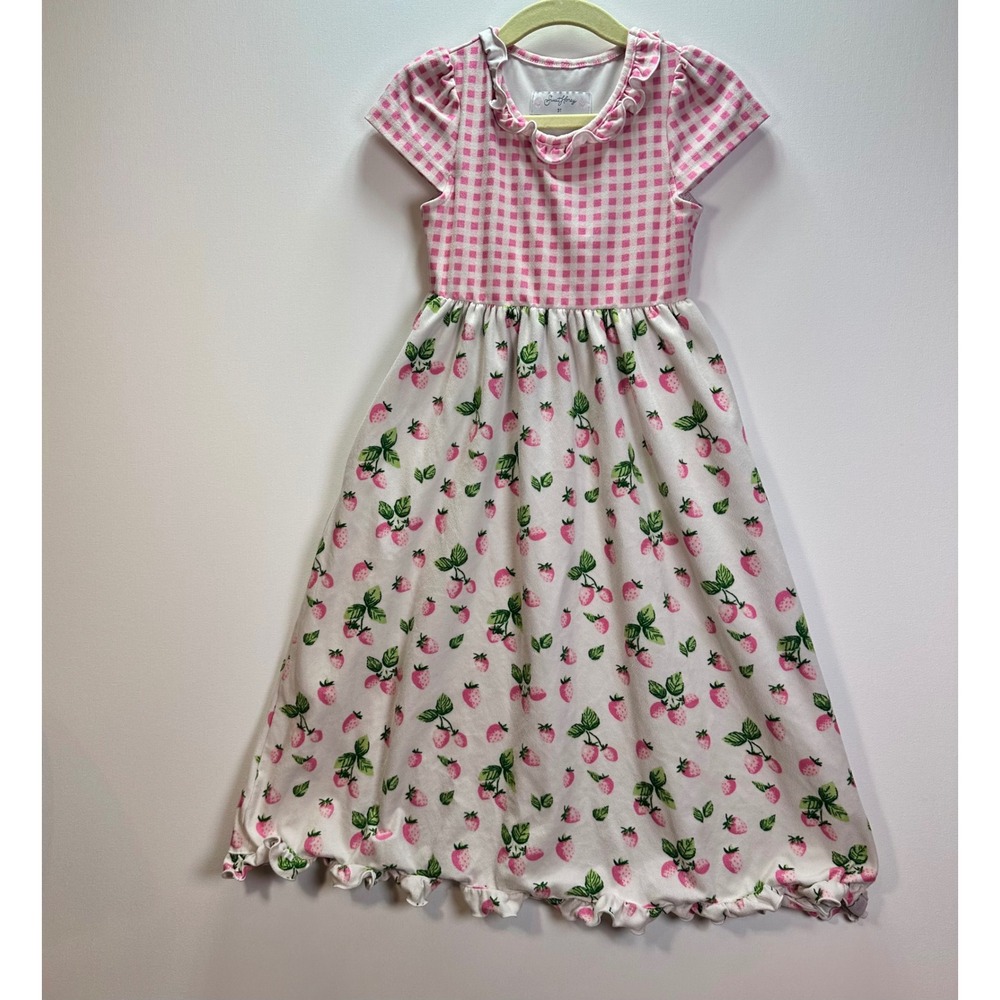 SweetHoney Girls Pink Gingham Strawberry Ruffle Pajamas Maxi Gown 3T